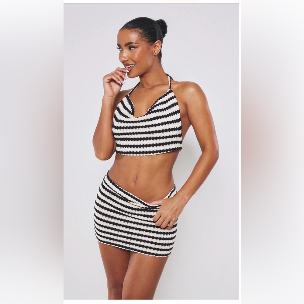 Black & White Striped Crochet Halter Top and Skirt Set